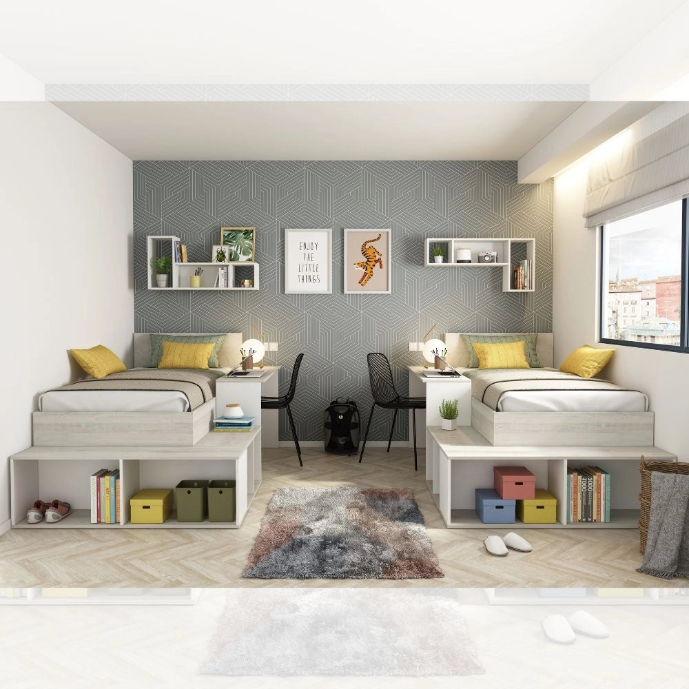 Cameretta 6040 con letto singolo e scrivania reversibile colore bianco consumato e bianco