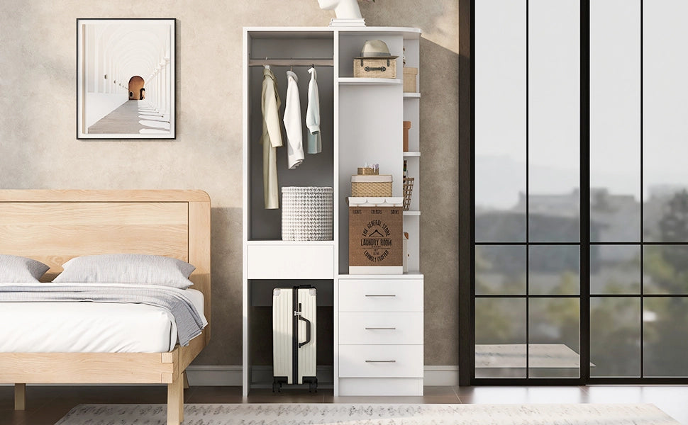 Scaffale autoportante con ripiani aperti, vani chiusi e barra appendiabiti per camera da letto in MDF bianco 70 × 55 × 175 cm