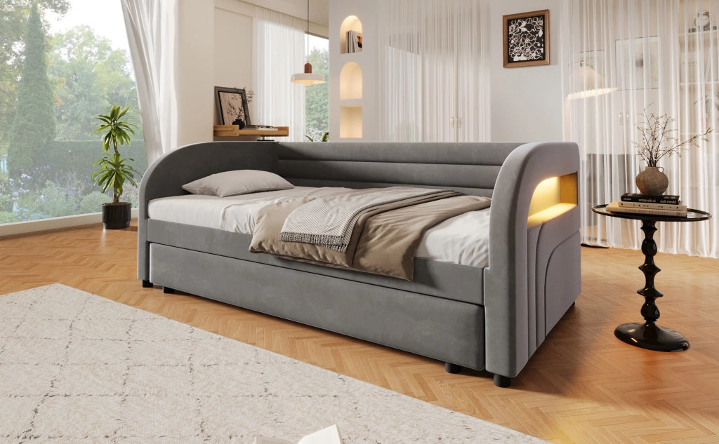 Letto singolo 90x200 in velluto con letto estraibile e LED, Grigio