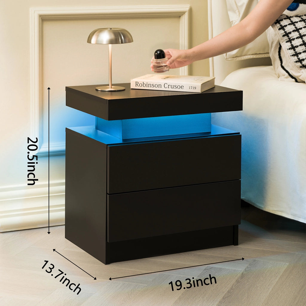 Comodino Moderno con Luci LED Regolabili, 2 Cassetti, Nero