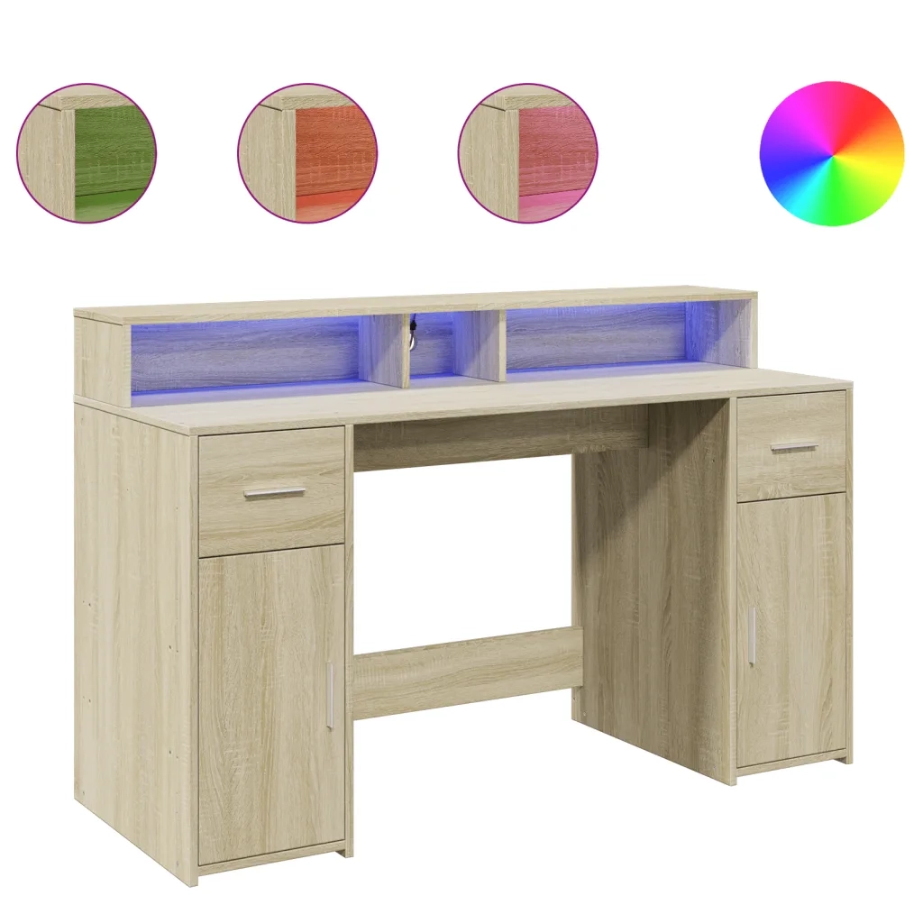Scrivania con Luci LED Rovere Sonoma 140x55x91cm in Multistrato
