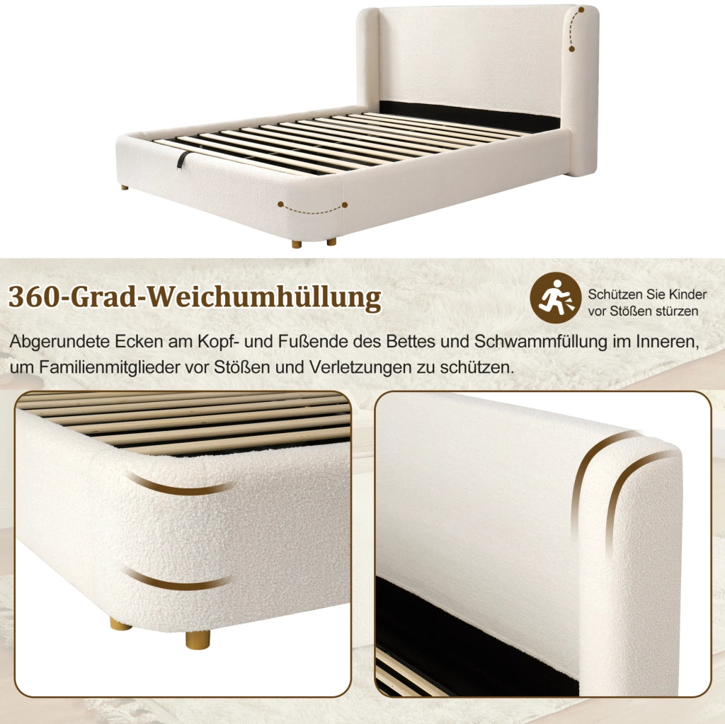 Letto imbottito beige Bouclé con contenitore idraulico