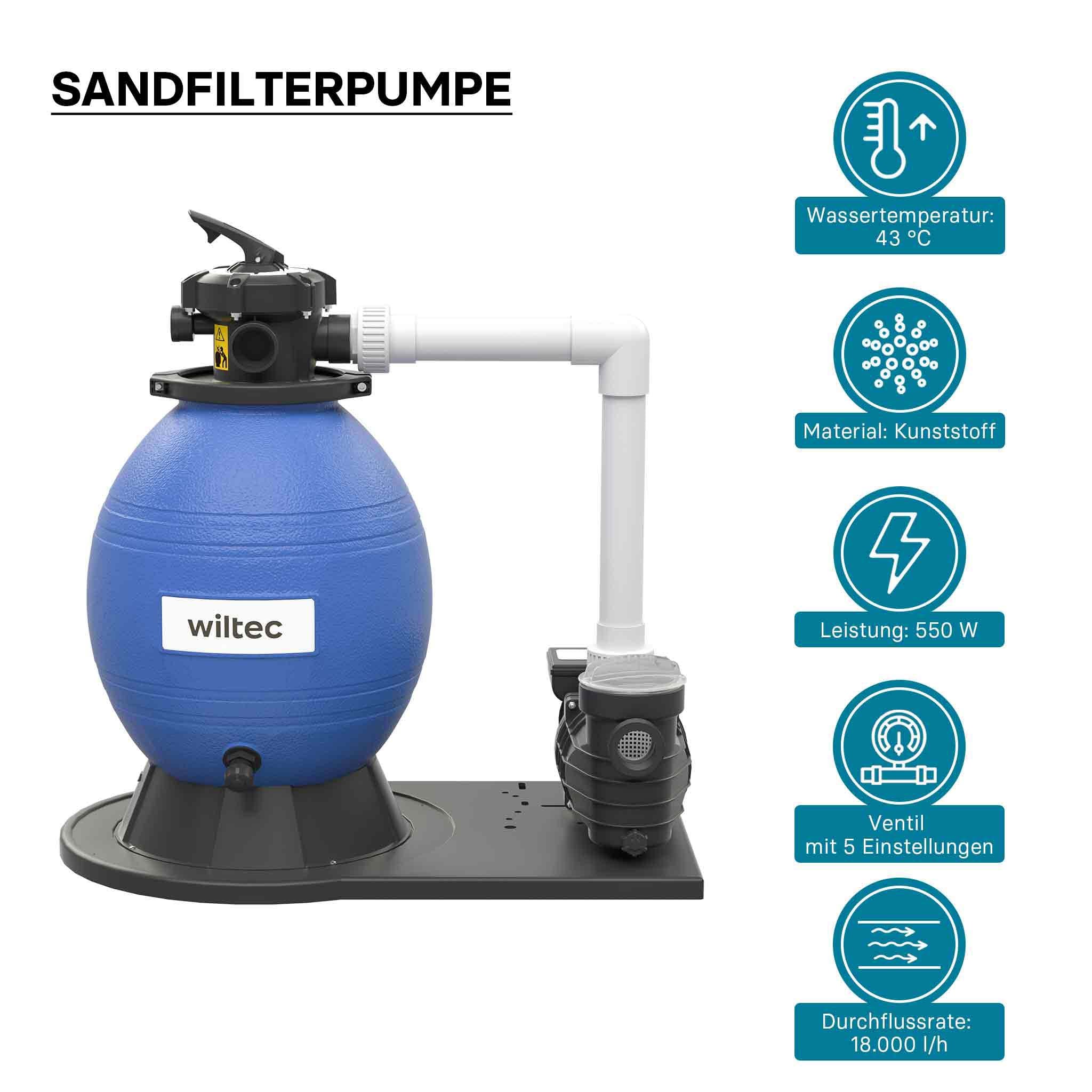 Filtro a sabbia per piscina, 550 W, serbatoio filtrante 38 l, pompa piscina autoadescante 18.000 l/h