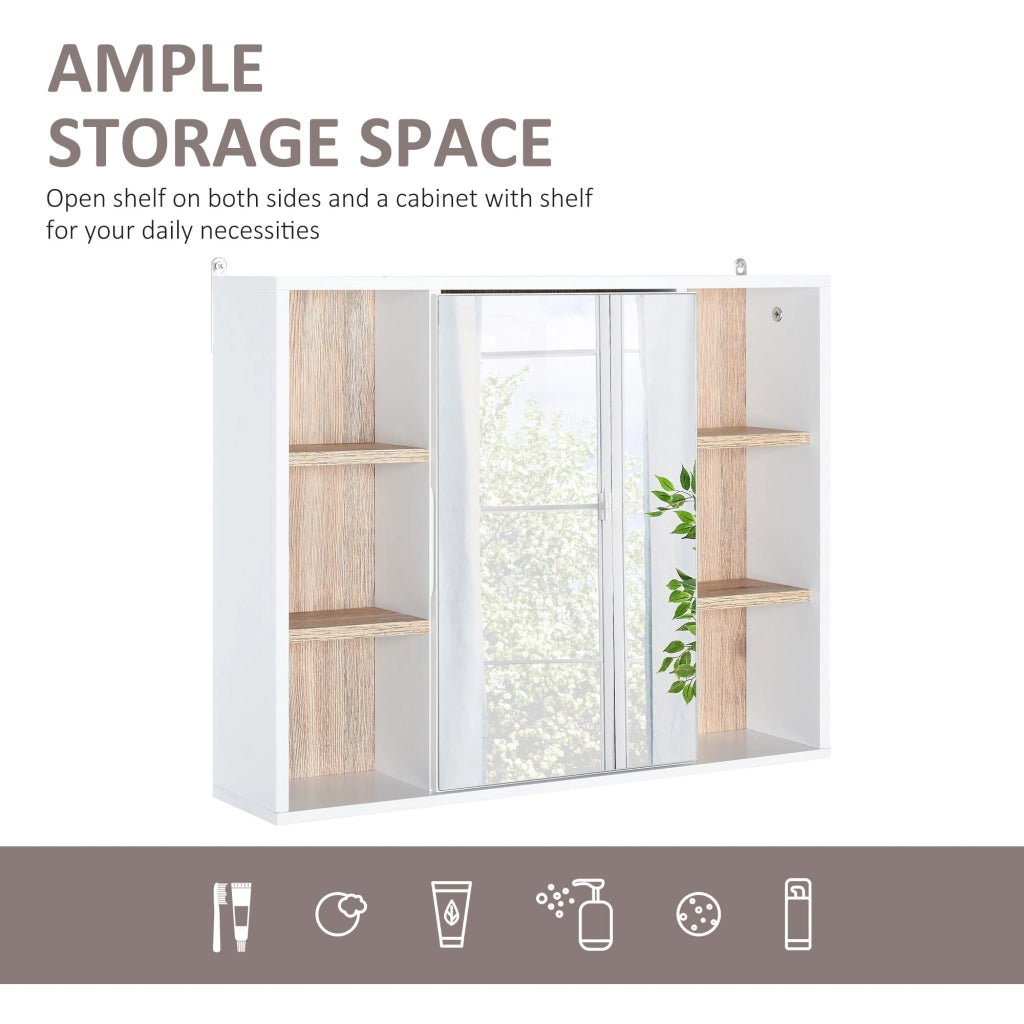 Specchio Armadietto da Bagno Pensile 60x14,5x49,4 cm in MDF e Truciolato Bianco e Legno Naturale