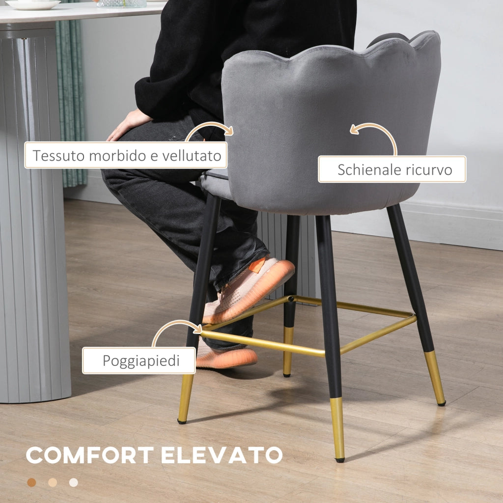 Sgabelli da Bar Velluto con Poggiapiedi ¨C zephmum ¨C Grigio 59x52x90cm