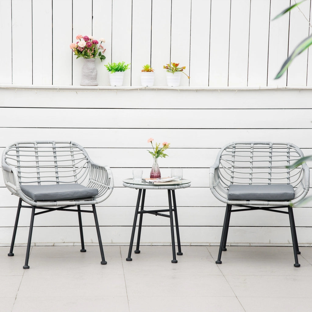 Set Divano da Esterno in Polyrattan con 2 Sedie e Tavolino in Vetro ¨C Zephmum ¨C Grigio