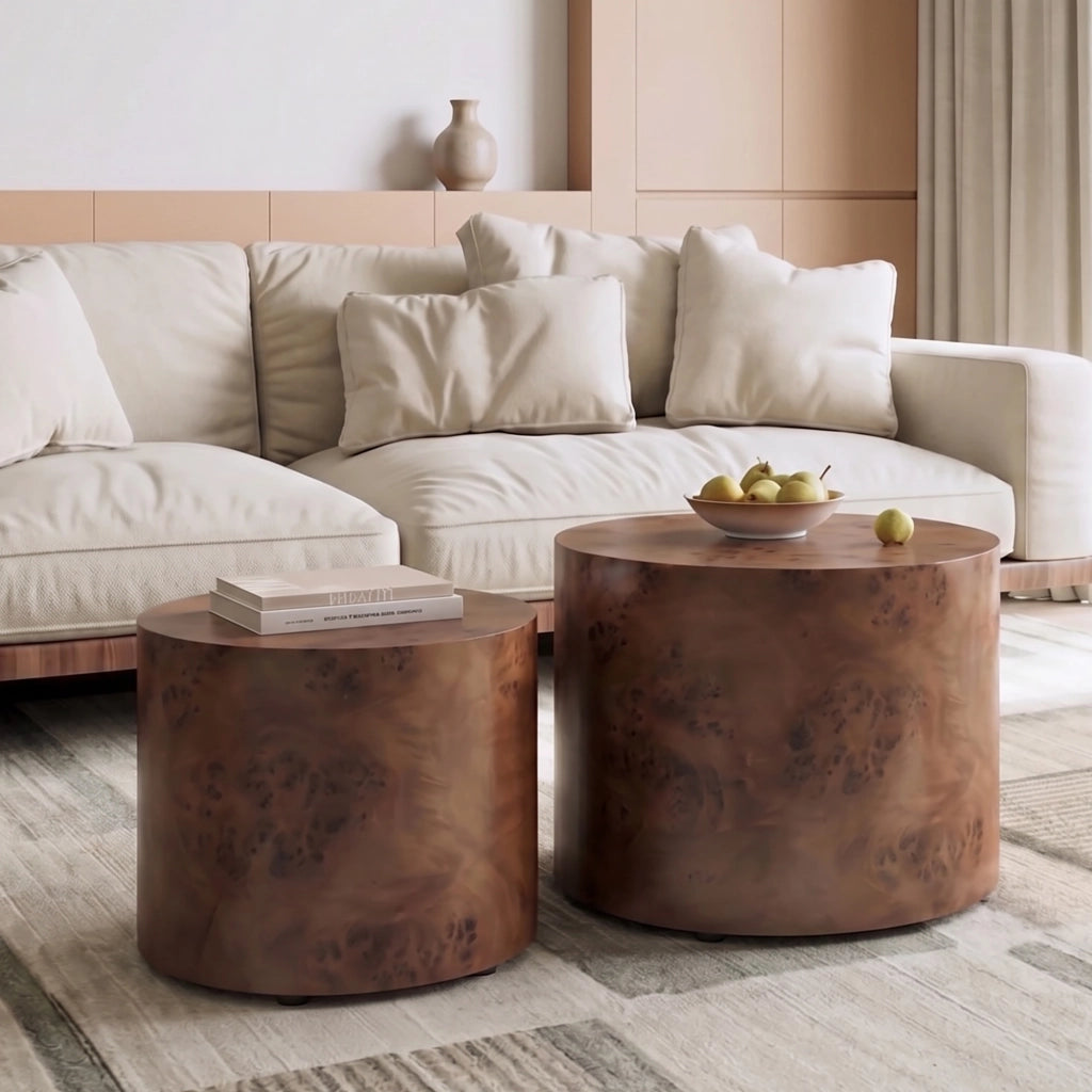 Tavolini bassi impilabili da 2 pezzi in legno massello e MDF, effetto burl, per soggiorno e camera da letto