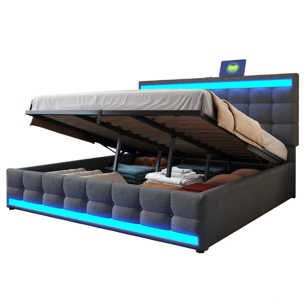 Letto matrimoniale imbottito 180x200 cm con LED RGB; USB e testiera regolabile; grigio