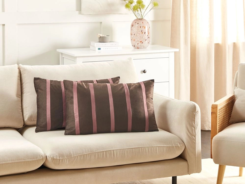 Set di 2 cuscini in cotone marrone ricamati con motivo a strisce 35 x 60 cm morbida imbottitura