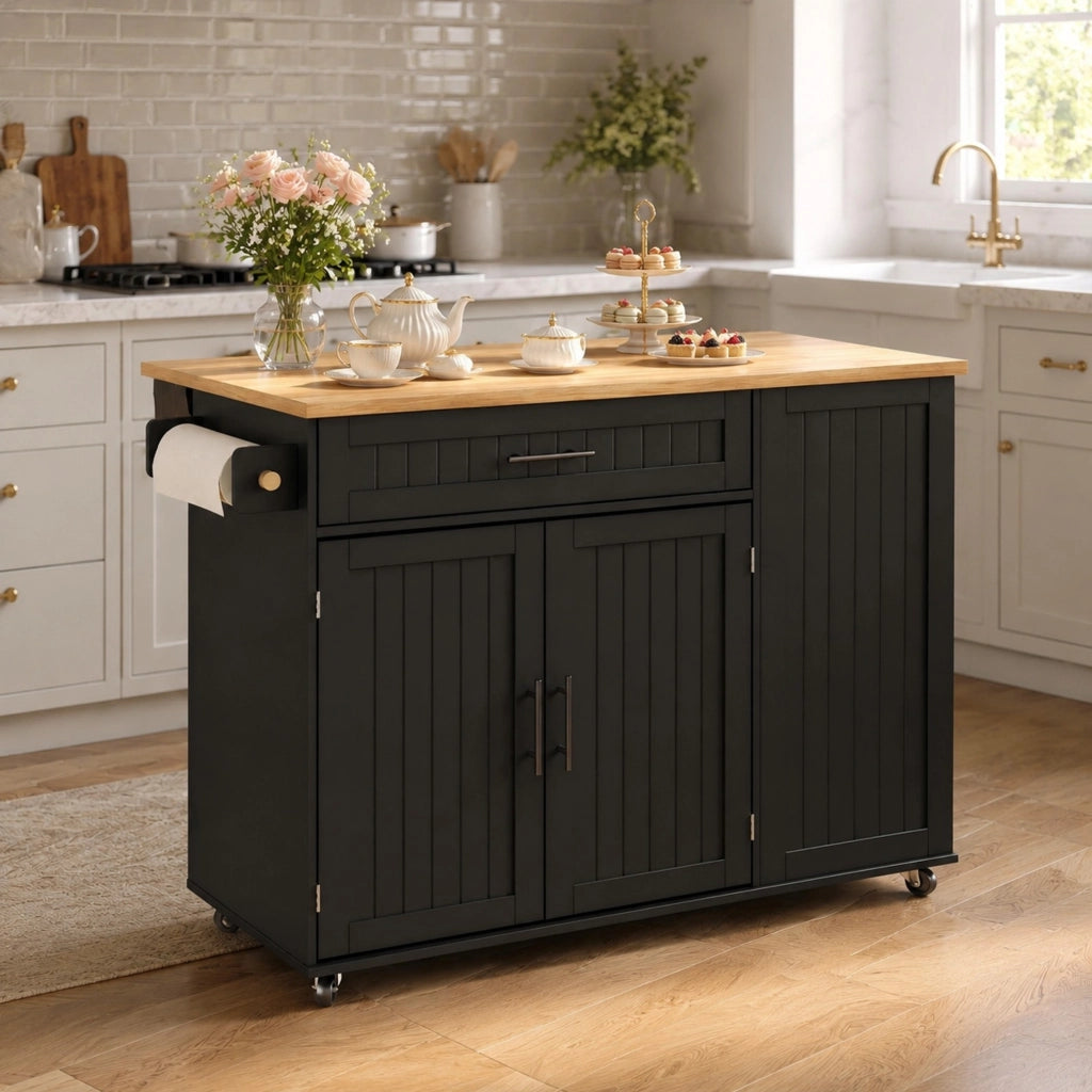 Isola da cucina mobile in MDF nero con piano pieghevole; cassetto e vano porta rifiuti