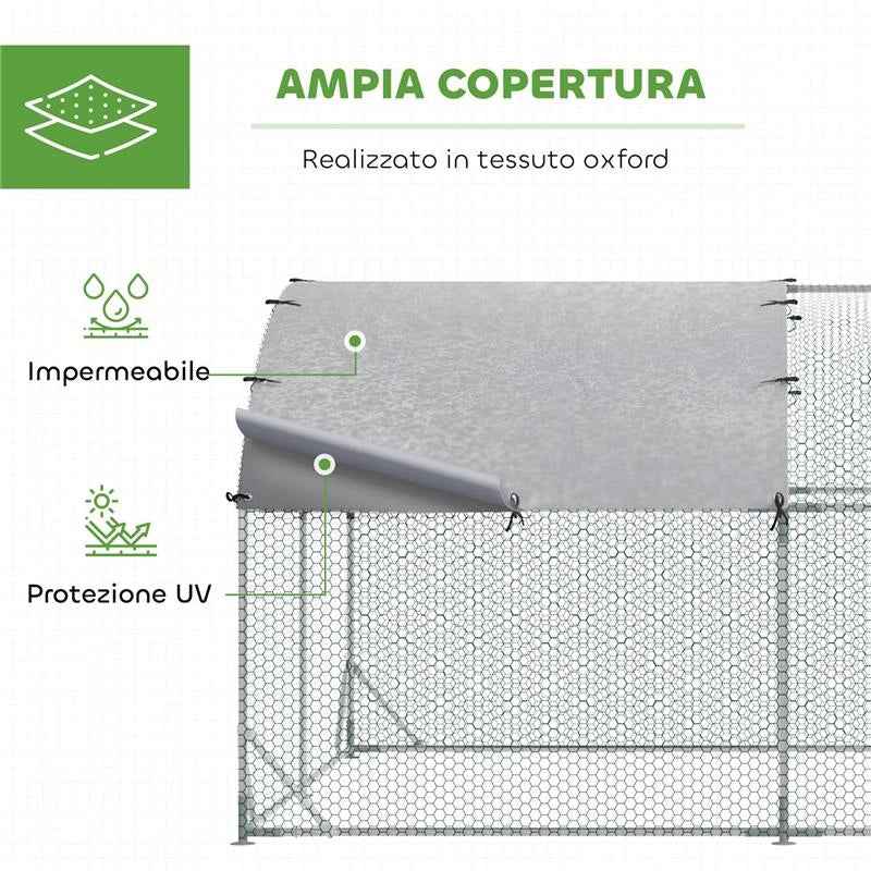 RECINTO PER GALLINE IN METALLO GALVANIZZATO CON TETTO E COPERTURA ANTI UV, 280X380X197 CM, ARGENTO