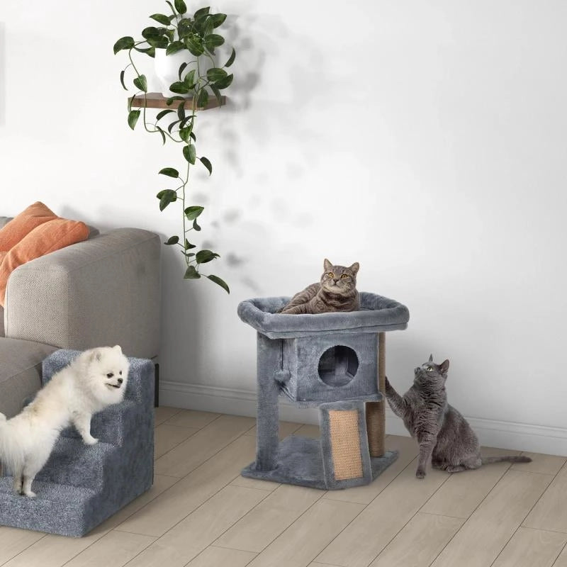 ALBERO PER GATTI CON CASETTA PER GATTI E LETTINO IN PELUCHE, TIRAGRAFFI IN JUTA E PALLINA, GRIGIO