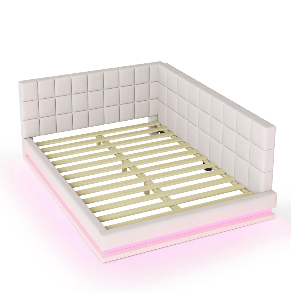 Divano letto imbottito 140x200 cm beige con LED e USB