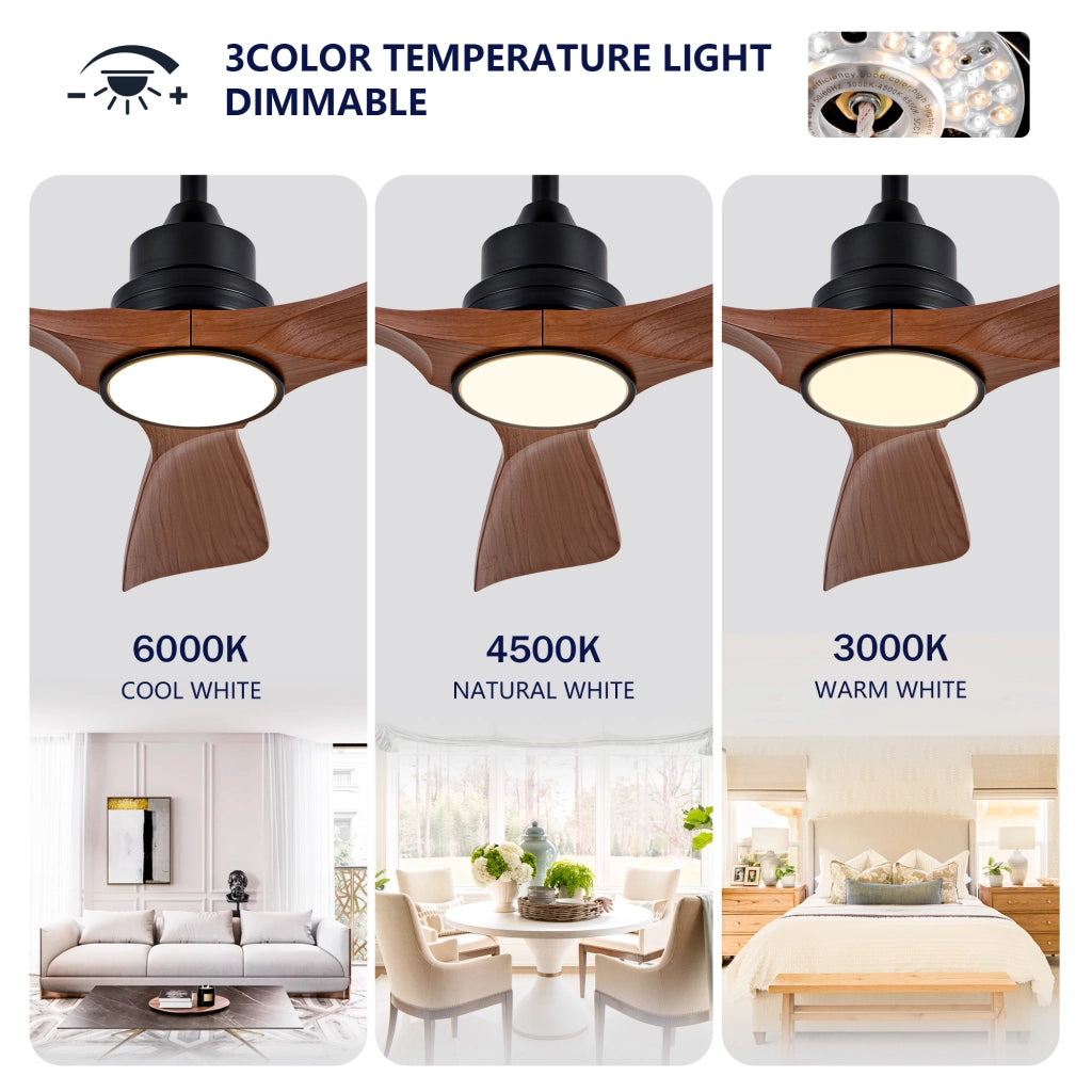 Ventilatore da soffitto 42 pollici con luce e telecomando, dimmerabile, design moderno color noce, motore DC silenzioso, per terrazze e uffici