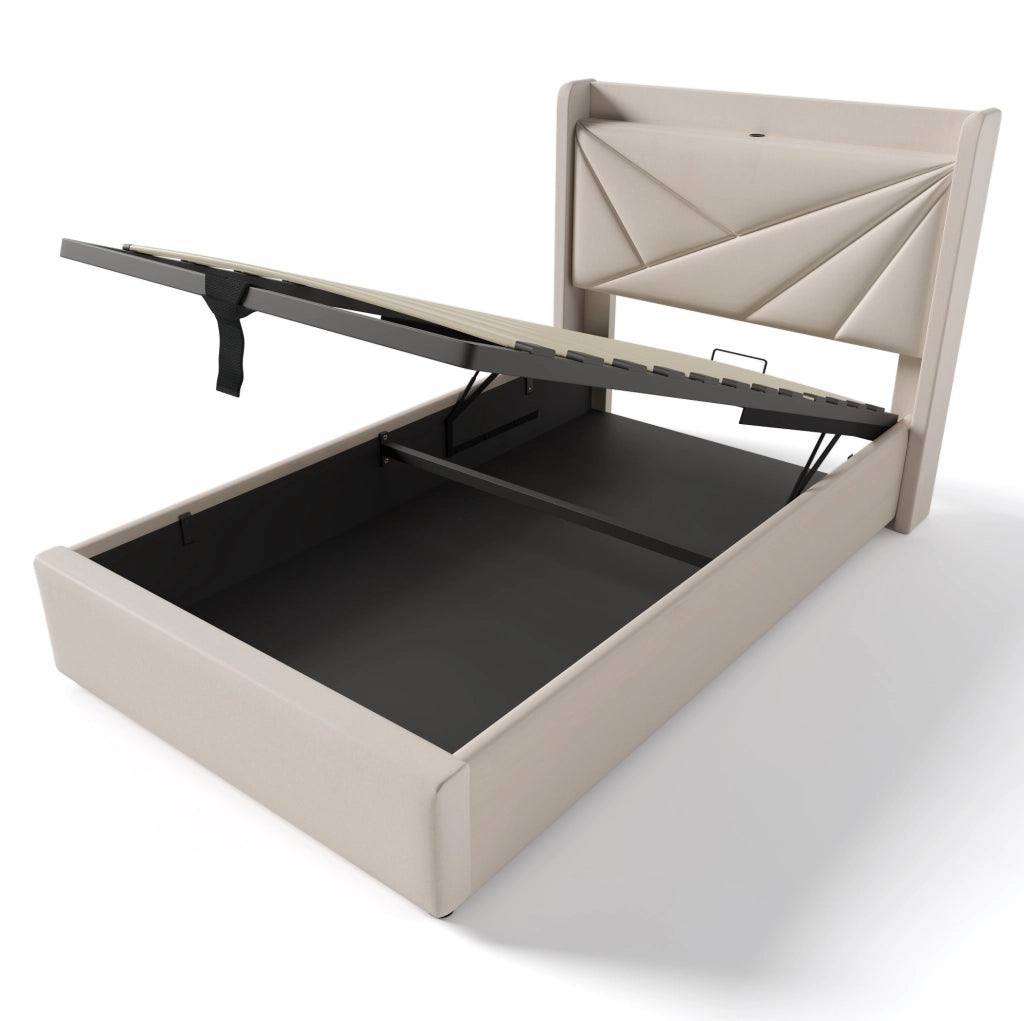 Letto singolo con contenitore 90x200 cm in cotone lino beige; testiera con USB e Tipo C