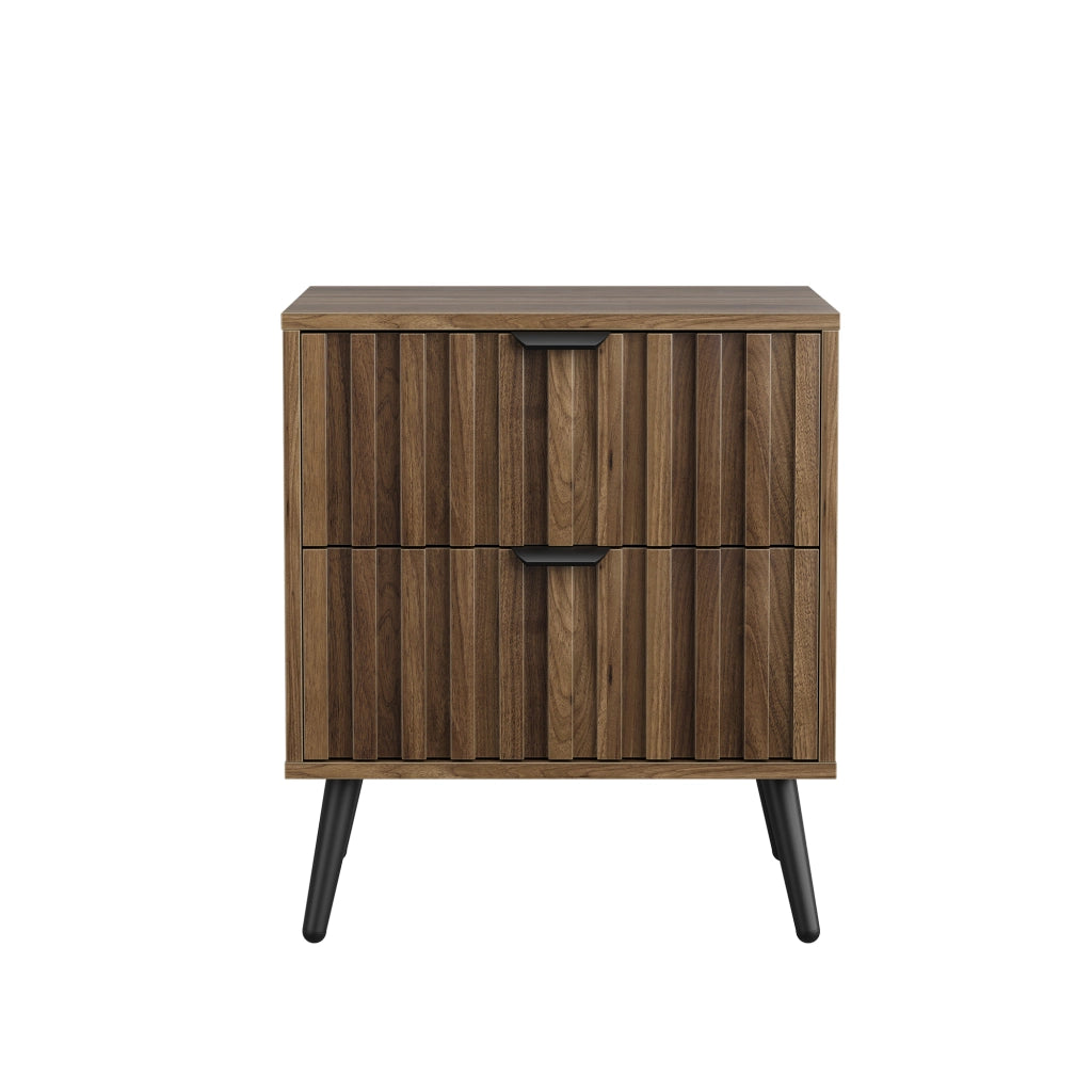 Comodino moderno con 2 cassetti, struttura in MDF e design incassato, colore Noce, 45 x 40 x 53 cm