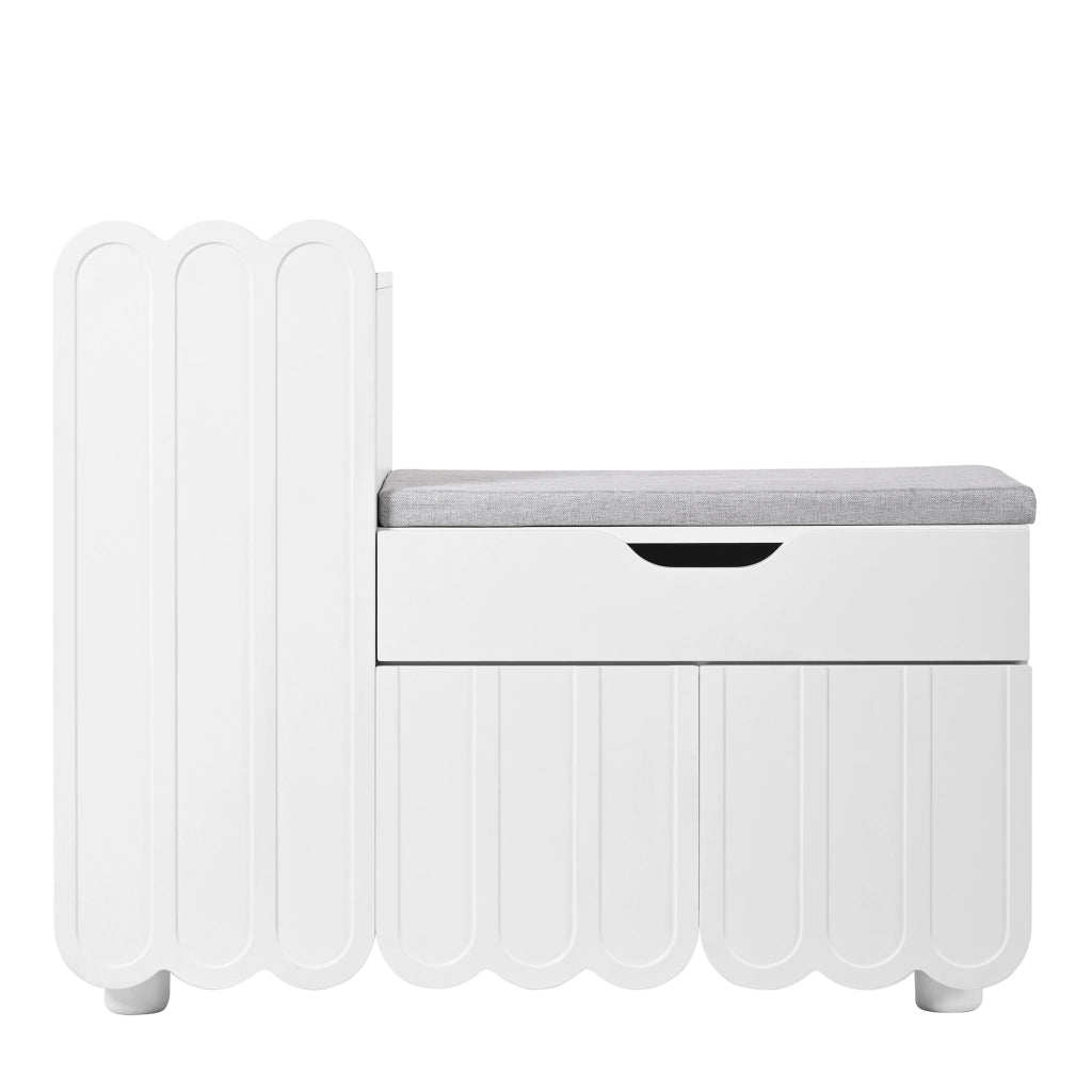 Scarpiera a 3 ante con cassetto e seduta imbottita in MDF bianco per ingresso 90 × 35 × 74,5 cm