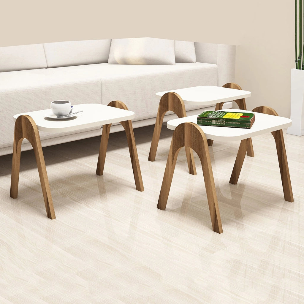Cerrione, Tavolino da Salotto set 3 Pezzi Impilabili, 49x36x42h cm Bianco Crema