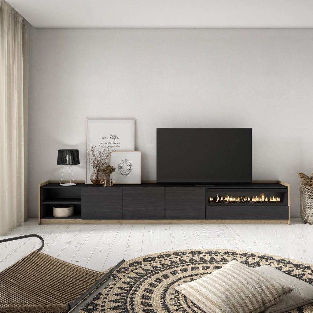 Mobile TV Soggiorno, 310x50x37 cm, Per TV fino a 80", Camino elettrico, Nero e rovere