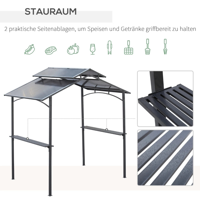 Padiglione Per Barbecue Con Tetto Antifiamma 240 X 150 Cm Acciaio Nero Marrone Con 2 Ripiani Laterali