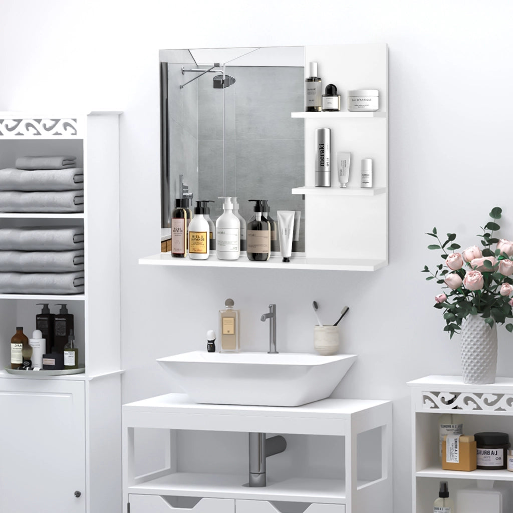 Mobiletto Pensile Bagno 60 x 10 x 48cm, con Specchio e 3 Ripiani, Armadietto a Parete in MDF Bianco
