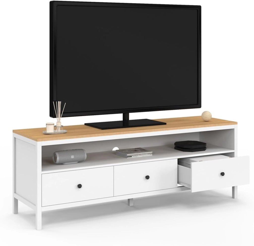 Porta TV ACHILLE 140 cm con 3 cassetti bianchi e piano in legno