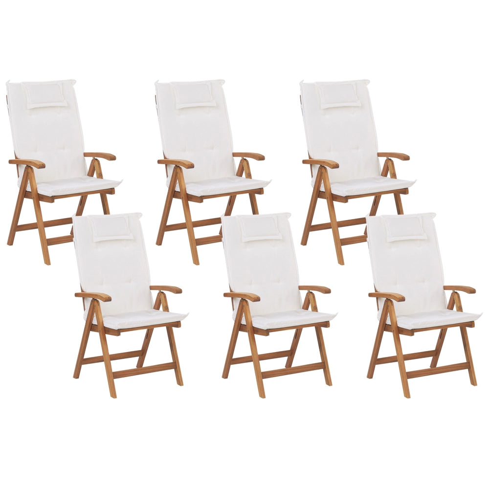 Set di 6 sedie da giardino in legno di acacia chiaro con cuscini bianco sporco pieghevole in stile rustico resistente ai raggi UV