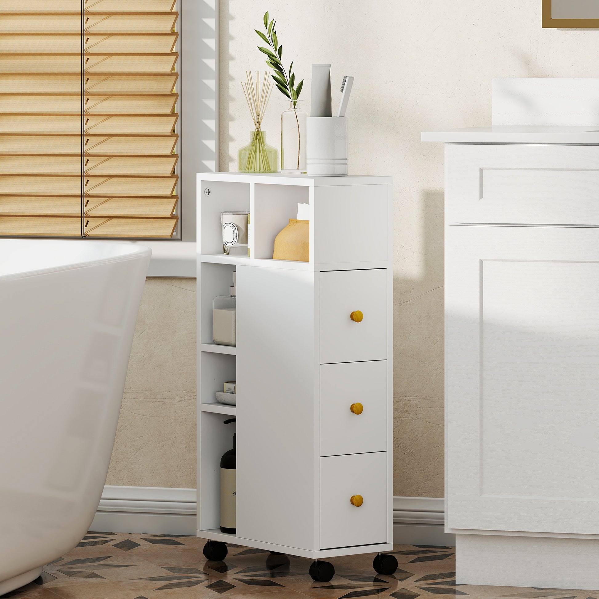 Mobiletto Bagno Salvaspazio 20x40x80 cm con Ruote 3 Cassetti e 5 Vani con Ripiani Regolabili Bianco