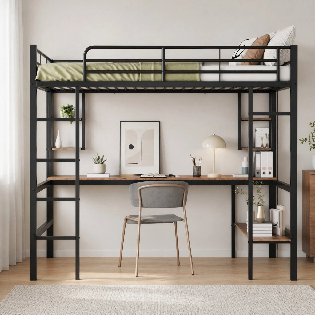 LETTO A CASTELLO 140x200 cm in metallo nero con scrivania e scaffali