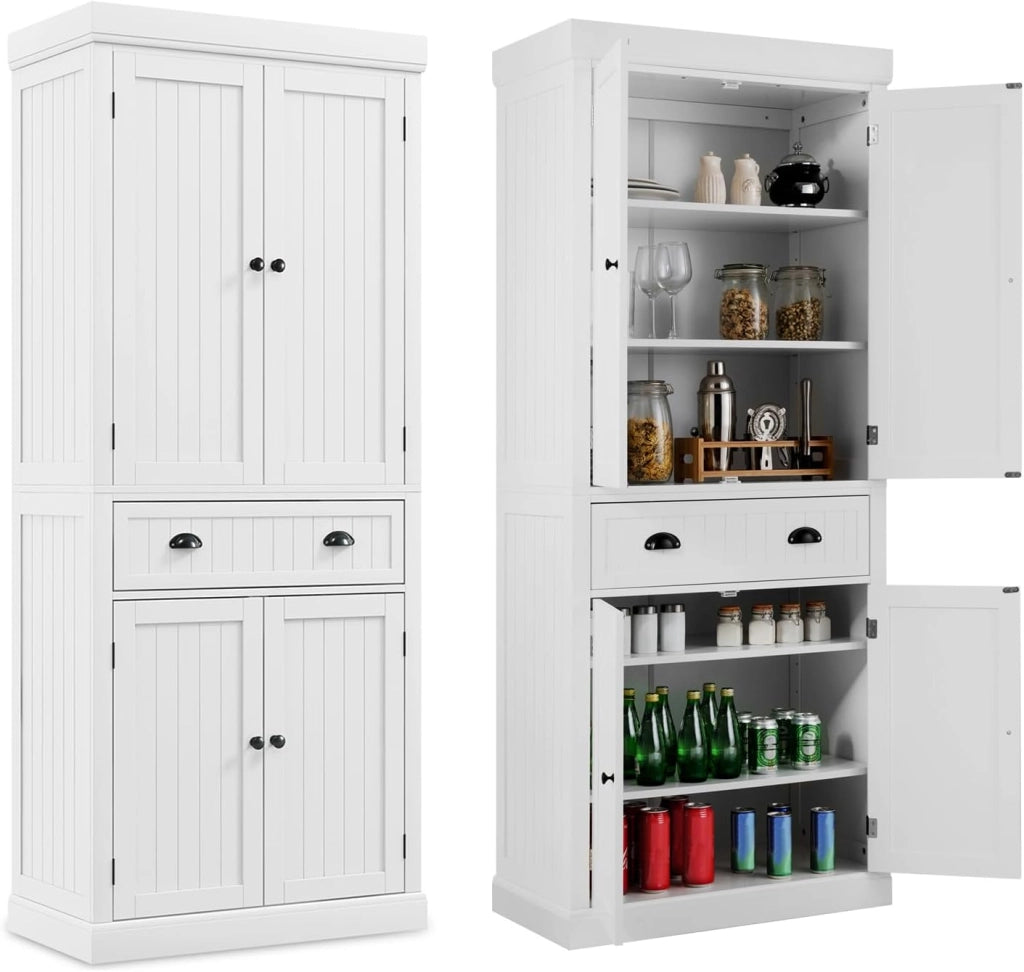Credenza Alta Cucina, Mobile da Cucina Moderno con 2 Ante e Cassetto, con Ripiani Regolabili, Dispensa Cucina per Soggiorno, Cucina e Sala da Pranzo, 76 x 40 x 183 cm (Bianco)