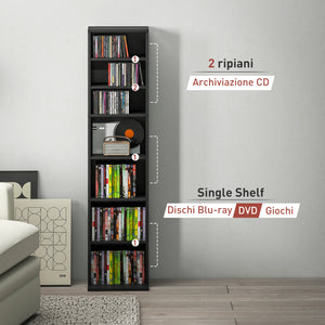 Libreria Porta CD e DVD 33x24x140 cm con 6 Ripiani Regolabili Nero