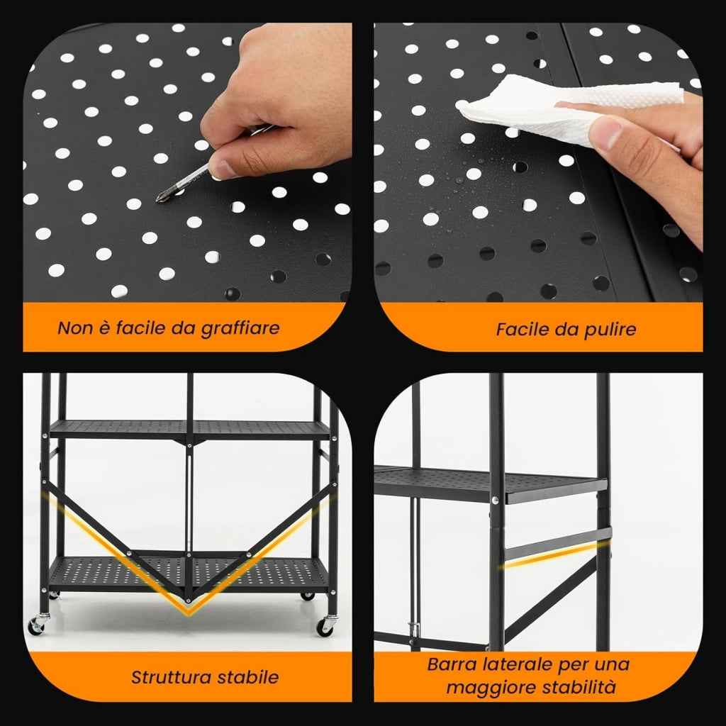 Scaffale Pieghevole con Ruote, Carrello Portaoggetti in Metallo con 3 Ripiani e 2 Ruote Bloccabili, per Cucina Soggiorno Garage, 72,5x33x93,5 cm (3 Livelli)