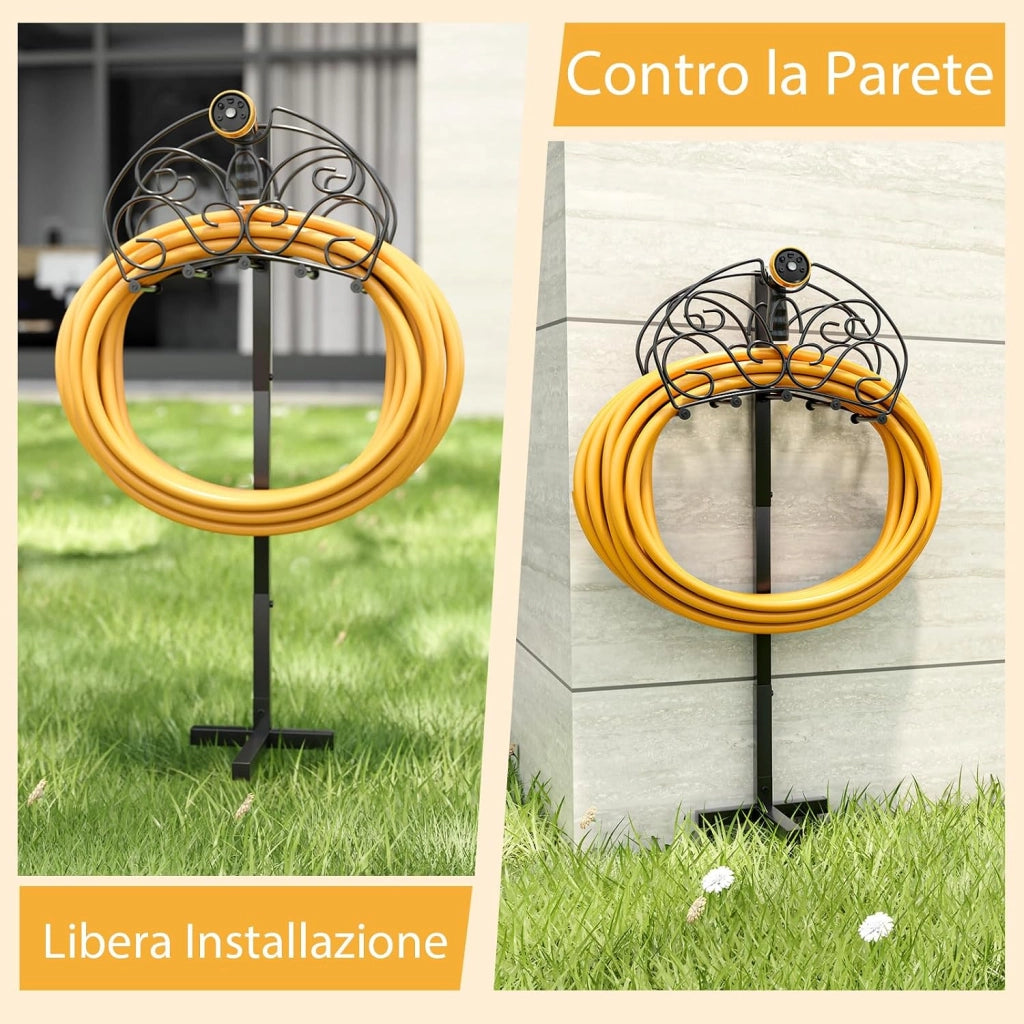 Supporto per Tubo da Giardino, Porta Tubo da Terra in Metallo con 3 Punti di Ancoraggio, Supporto per Tubo Staccabile per Giardino, Prato, Nero