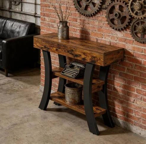 Consolle ULEVR 105x30x80 cm con 3 ripiani aperti, struttura in MDF e metallo, nero e marrone rustico