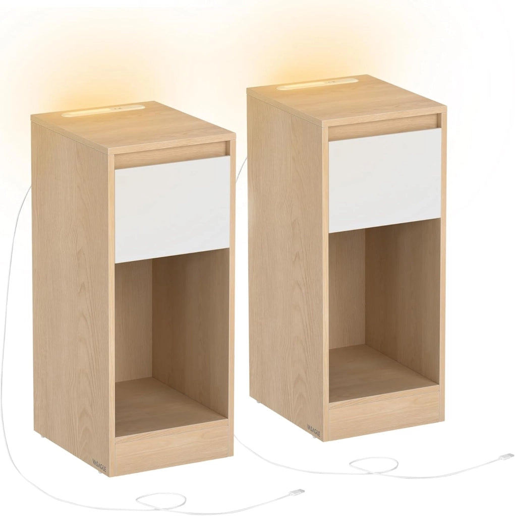 VASAGLE Comodino sottile con stazione di ricarica e luce LED, set di 2 tavolini laterali stretti, porte USB, cassetto e scomparto aperto, per camera da letto, soggiorno, bianco nuvola LET710W01