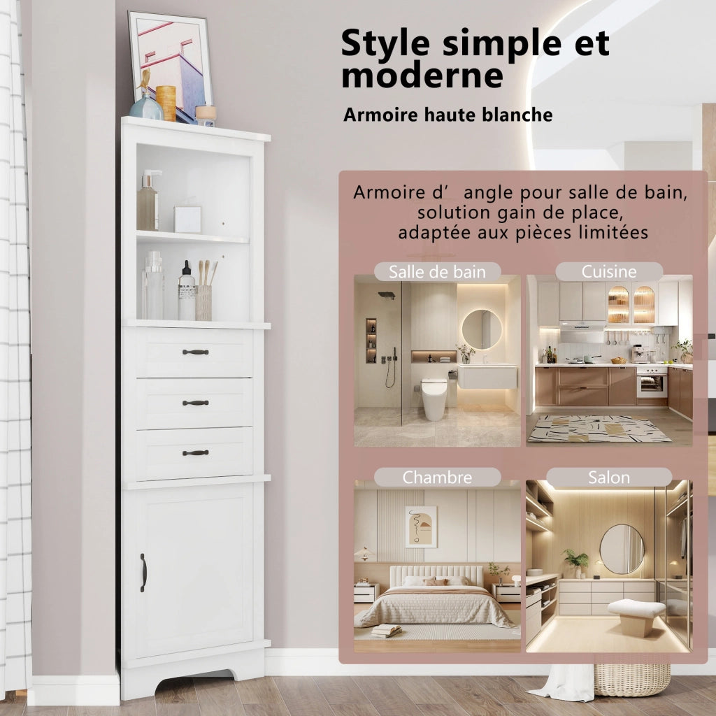 Mobile angolare da bagno con 1 anta, 3 cassetti e ripiani regolabili, per bagno, in MDF, bianco, 57,7 × 46 × 167,5 cm