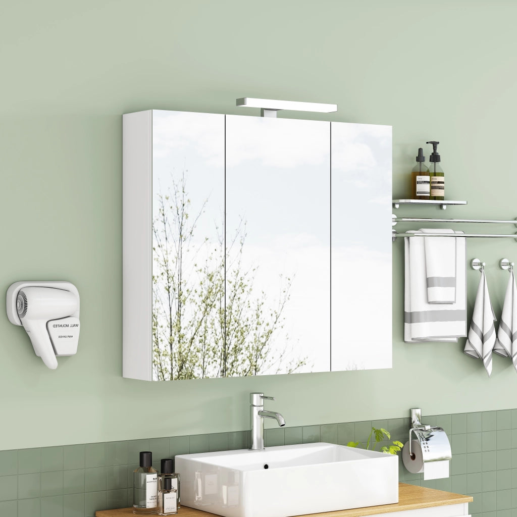 Mobile con specchio con 3 ante e ripiani in vetro regolabili; LED e presa standard francese per bagno; bianco