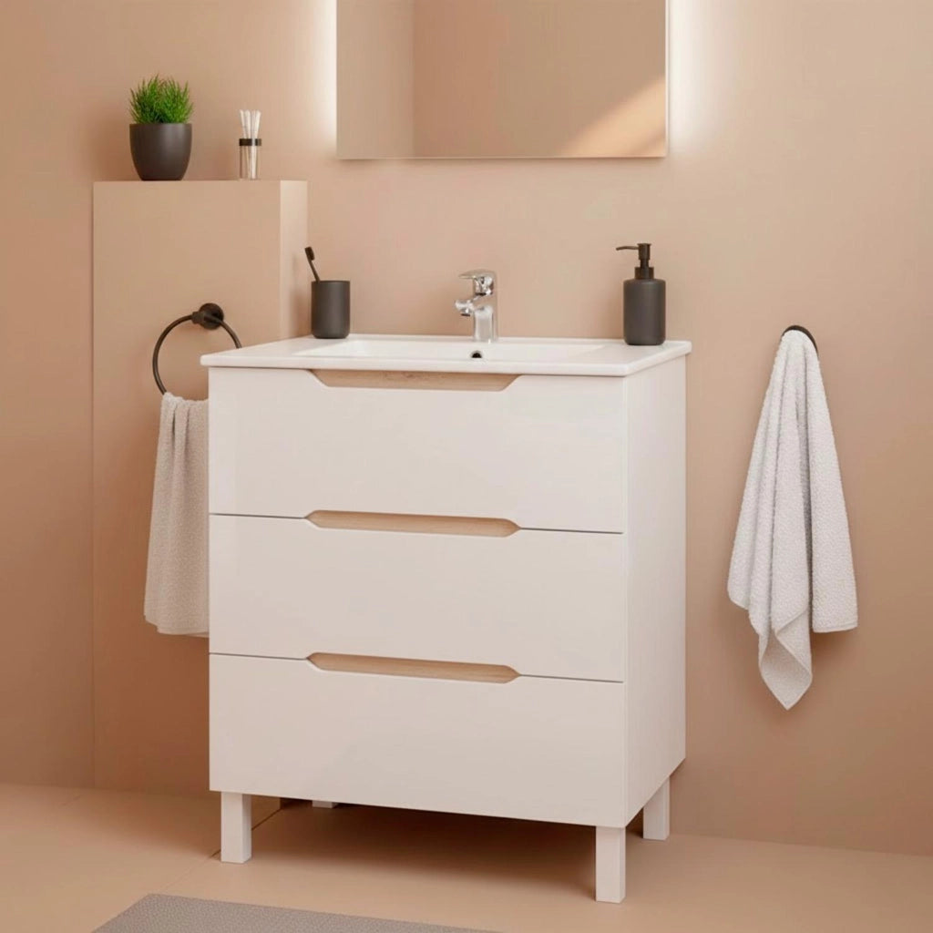 Mobile Bagno A Terra Con 3 Cassettoni Soft Close E Lavabo In Ceramica Monoforo Con Troppopieno Incluso Mobiletto Design Moderno Ed Elegante Salvaspazio 80 x 45 x 86 Cm Colore Bianco