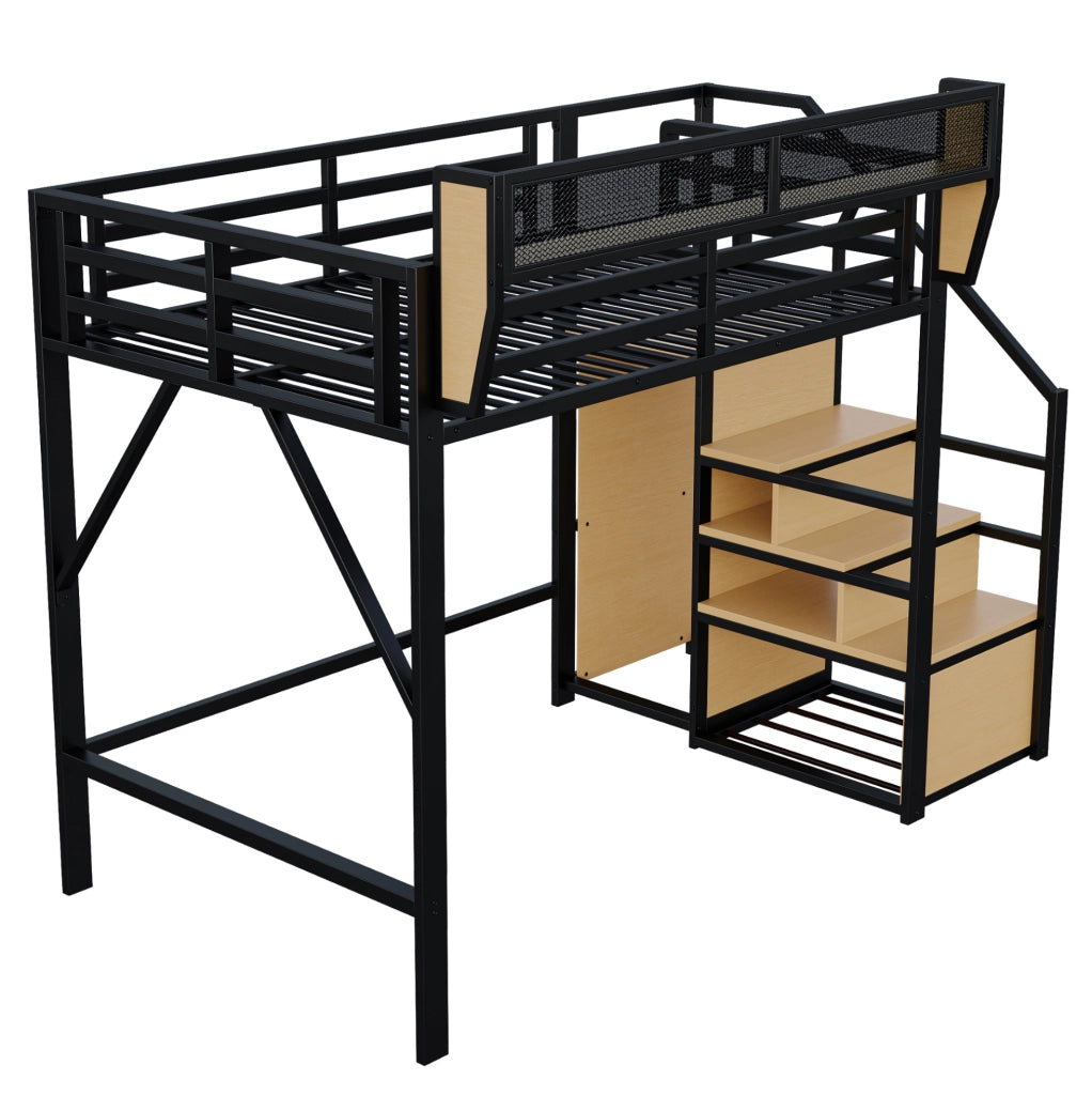 Letto a soppalco 140x200 cm con scala e ripiano regolabile in metallo e MDF nero