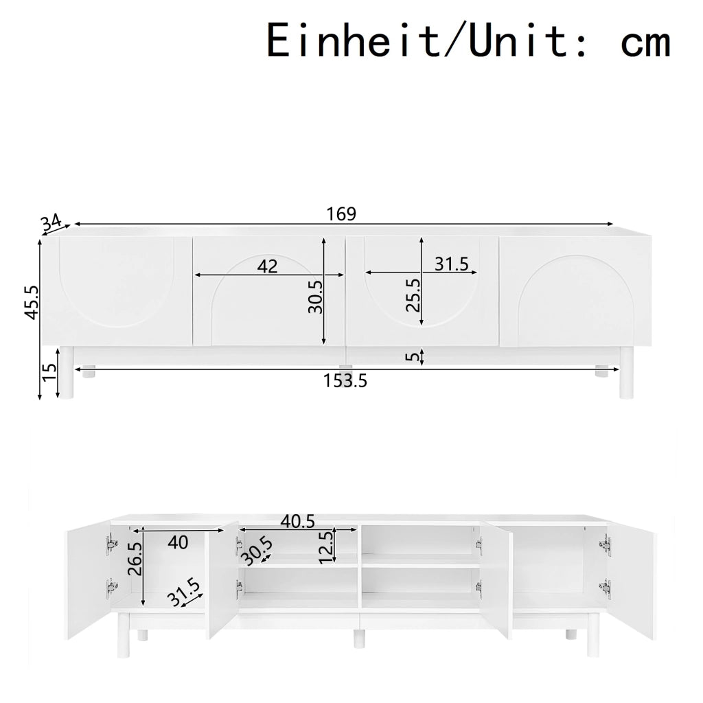 OKWISH Mobile TV con 4 Ante e Ripiani, Design senza Maniglie, per Soggiorno, MDF e Pannelli di Particelle, 169 x 34 x 45,5 cm