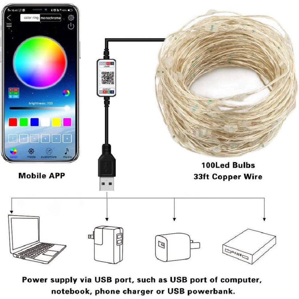 Trade Shop - Luci Natalizie A Strisce Led App 10mt Usb Bluetooth Decorative Per Albero Natale -
