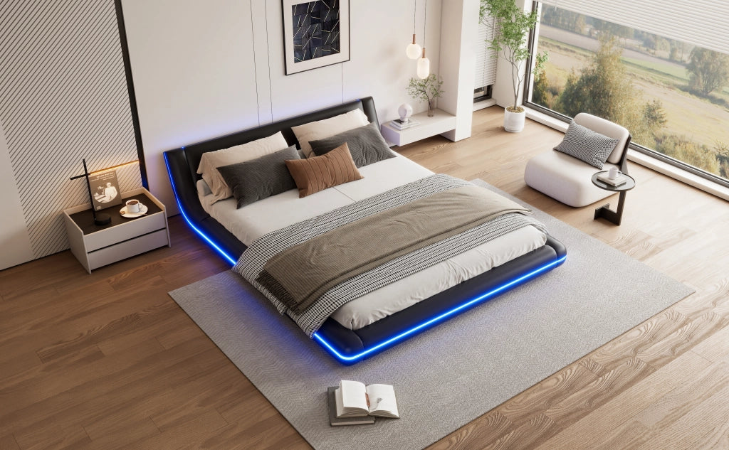 DESMIU Letto basso 160 × 200 cm 1 posto con illuminazione LED regolabile, telecomando 24 tasti, senza materasso, in PU, nero