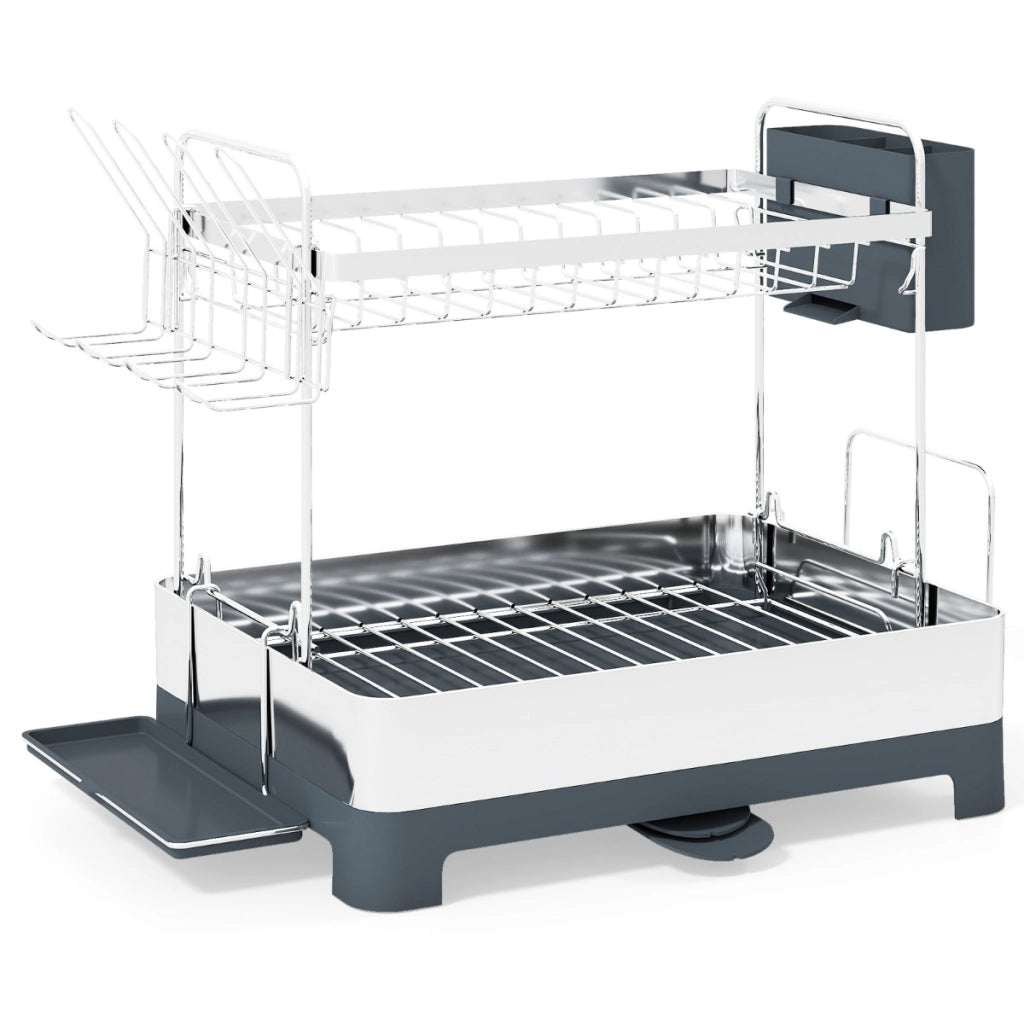Organizzatore da cucina con bocca estensibile e girevole a 360¡ã, Scolapiatti a 2 livelli acciaio inox con porta bicchieri Argento-Scolapiatti