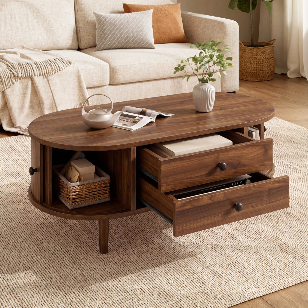 Tavolino da Caff¨¨ Ovale con Cassetti e Ante Scorrevoli ¨C MINIMAL ¨C MDF