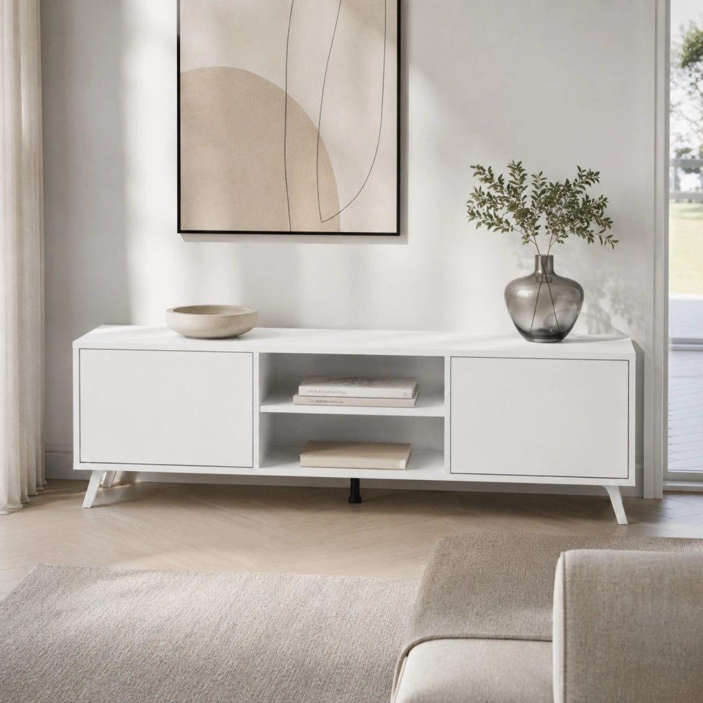 Mobile TV Design Scandinavo Con 2 Ante Battenti Ripiani Centrali Aperti Per Televisori Fino A 75 Pollici Per Salotto E Zona Living 180 X 39,6 X 49 Cm Bianco