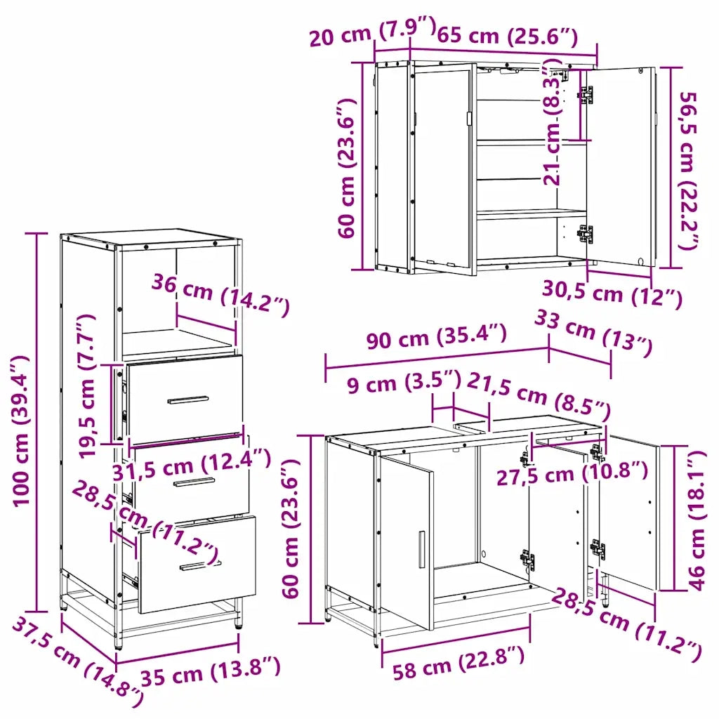 Set di mobili per il bagno con cassetto 3 pcs Legno vecchio 3402456