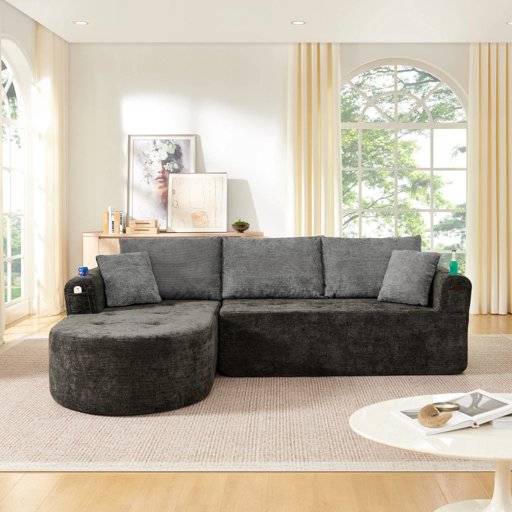 Divano angolare modulare L con portabicchieri in acciaio inox, tasche laterali e lino nero 255 × 170 × 67 cm