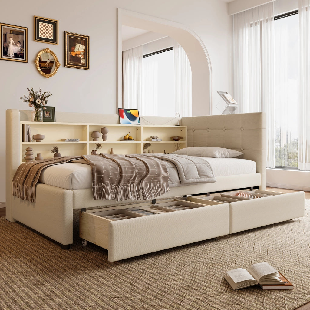 OKWISH Letto Divano 90×200 cm, Letto Singolo con 2 Cassetti, USB, Tipo C e Mensole, senza Materasso, in Lino, Beige