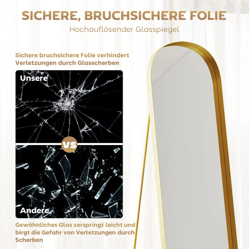 SPECCHIO OVALE 160x50 cm con cornice in metallo oro, da appoggio e autoportante