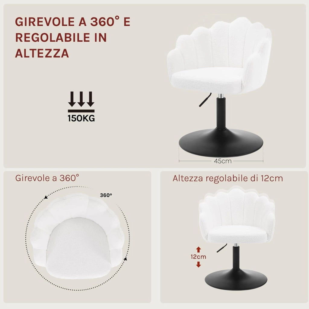 Sedia da Trucco, Poltrona Girevole in Tessuto Bouclé, Sgabello da Trucco Regolabile in Altezza per Camera da Letto, Soggiorno, Bianco